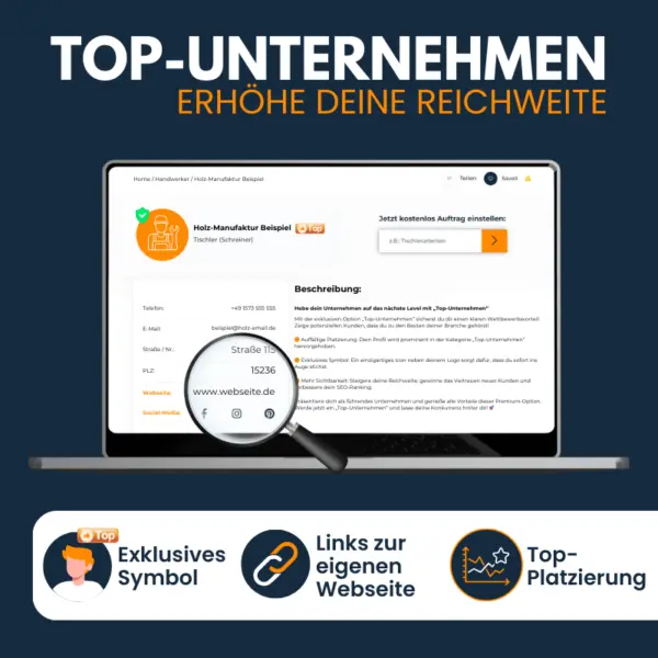 Handwerksbetrieb als Top-Unternehmen im Firmenverzeichnis meister-job.de mit Badge und prominenter Platzierung